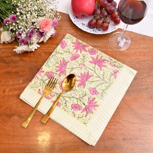 Hand Block Printed Multiple Color Napkin Set, Pure Soft Cotton Boho Napkin, Indian Floral Yellow Dinner Table Napkins, Kitchen Deocr Napkins