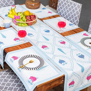 Indian Block Print Table Runner With Mat, Pink Floral Cotton Tablecloth, Tablecloth For Easter Decor, Hand Stamped Tablecloth, Party Decor