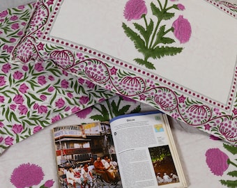 Hand Block Printed Cotton Bedding Set: Floral King Bedsheet with Pillowcases