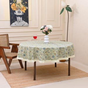 Green Indian Block Print Round Tablecloth, Cotton Floral Print Round Tablecloth, Indian Block Print Tablecloth for Wedding Party Table Decor