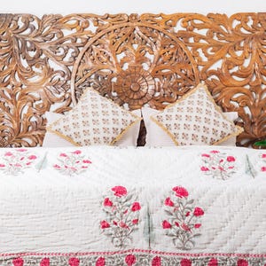Pink Floral Printed Cotton Soft Quilt, Indian Hand Block Printed Reversible Quilted Ac Coverlet, Queen Bedspread Winter, Cover For Couch