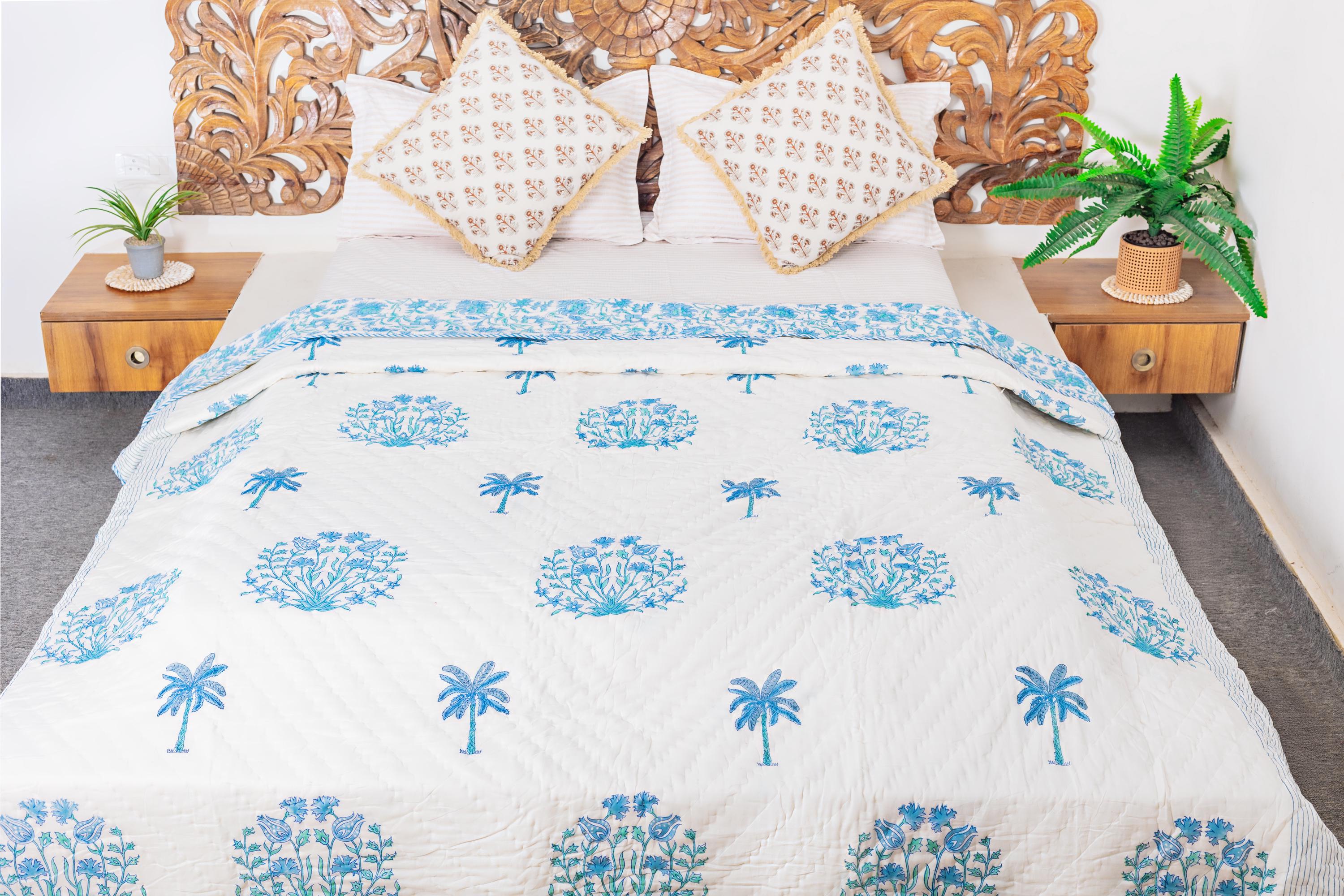 インド製ハンドブロックプリントリバーシブルキルト - ブルー