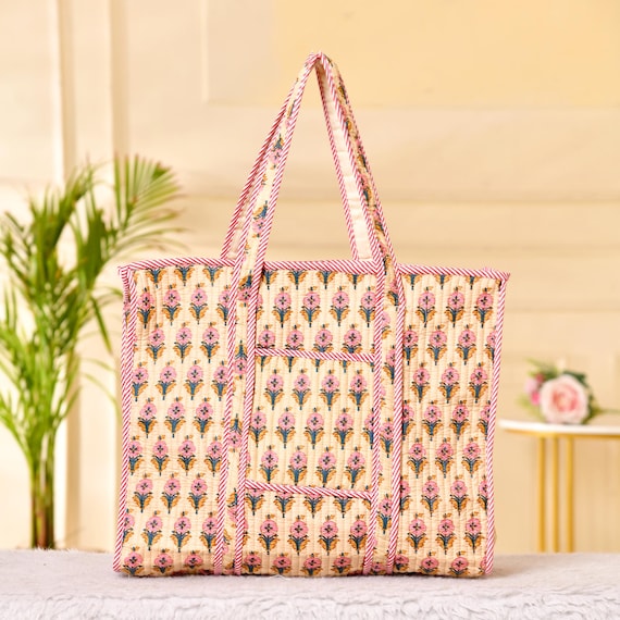 Cotton Hand Block Printed Quilted Pink Orange Tote Bag, Handmade