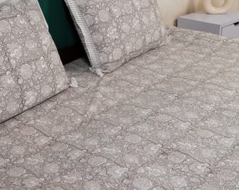 Drap de lit imprimé à la main, Deux taies d'oreiller, Drap plat à fleurs king size, Drap en coton artisanal Jaipuri, Drap déco salon