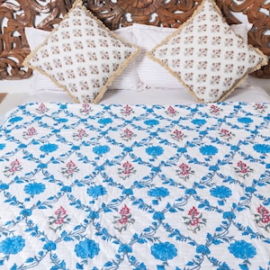 Indian Block Printed Floral Cotton Quilt, Reversible Soft Comforter for Queen Bed, Summer & Winter Bedspread