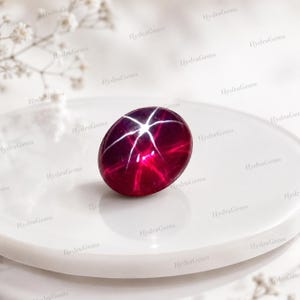 May include: A deep red, oval-shaped cabochon gemstone featuring a prominent six-rayed star effect known as asterism. The stone displays a smooth, polished surface with a vibrant crimson hue and a distinct white light reflection forming a star pattern.