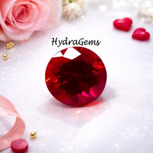 Könnte beinhalten: Ein großer, facettierter, runder, tiefroter Edelstein. Der Edelstein ist der Mittelpunkt, mit dem Text "HydraGems" darüber. Rosa Rosen und herzförmige Dekorationen befinden sich im Hintergrund, zusammen mit goldenen Perlen und einem rosa Band.