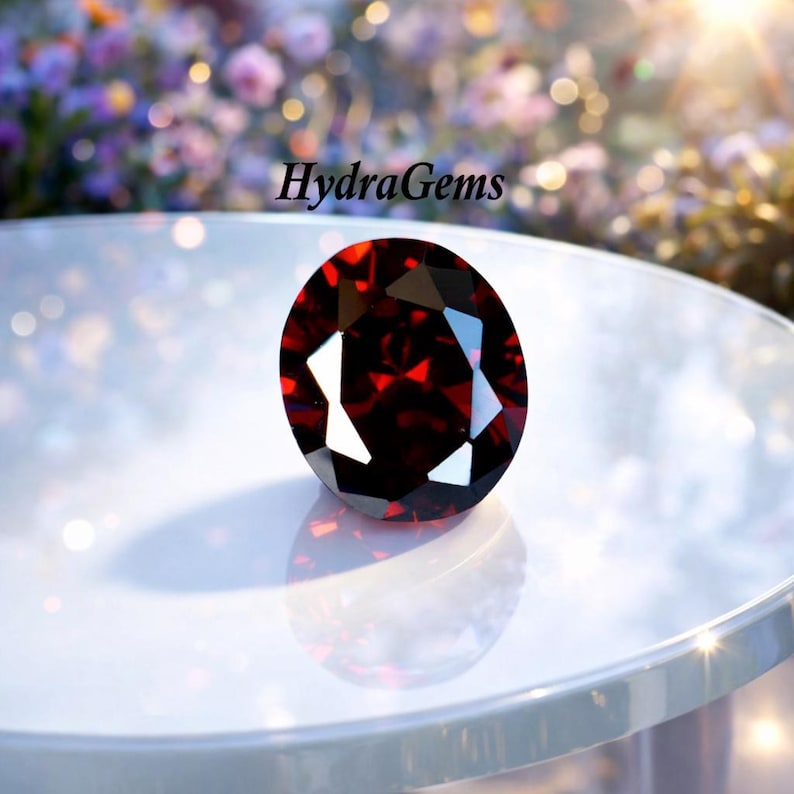 K&ouml;nnte beinhalten: Ein facettierter, runder, tiefroter Edelstein. Der Edelstein befindet sich vor einem verschwommenen Hintergrund aus Blumen und dem Text "HydraGems". Die Facetten des Edelsteins reflektieren das Licht und erzeugen einen funkelnden Effekt.