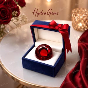 May include: A large, faceted, round, red gemstone sits in a blue velvet box with a red ribbon. The box is open, revealing the gem against a white interior. The text "HydraGems" is visible in the background.