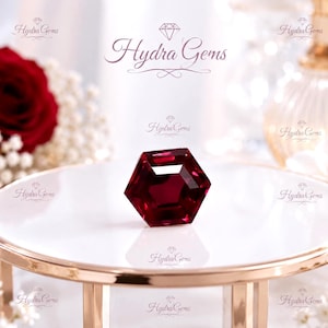 May include: A faceted, hexagonal, deep red gemstone is displayed on a white and gold stand. The gemstone is the focal point, reflecting light. The image includes the text "Hydra Gems".