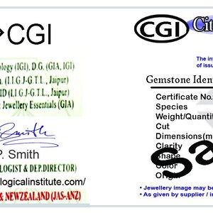 K&ouml;nnte beinhalten: Ein wei&szlig;es Zertifikat des City Gemmological Institute mit einem QR-Code, CGI-Logo und Edelsteindetails. Das Zertifikat enth&auml;lt ein Foto eines runden, roten Rubins. Der Text enth&auml;lt "Echtheitszertifikat" und "Edelstein-Identifizierungsbericht."