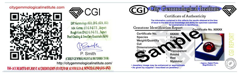K&ouml;nnte beinhalten: Ein wei&szlig;es Zertifikat des City Gemmological Institute mit einem QR-Code, CGI-Logo und Edelsteindetails. Das Zertifikat enth&auml;lt ein Foto eines runden, roten Rubins. Der Text enth&auml;lt "Echtheitszertifikat" und "Edelstein-Identifizierungsbericht."