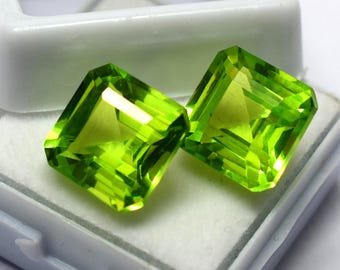 Radiant Cut Green Peridot Pair: Loose Gemstones (12-15 Ct)