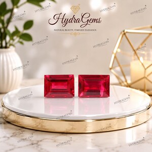 Op de afbeelding: Twee helderrode, rechthoekig geslepen edelstenen worden gepresenteerd op een wit bord met een gouden rand. Het Hydra Gems-logo en de tekst 'NATURAL BEAUTY, TIMELESS ELEGANCE' zijn zichtbaar.