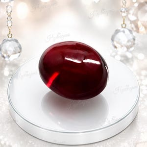 Könnte beinhalten: Ein glatter, oval geformter, tiefroter Edelstein mit einer polierten, reflektierenden Oberfläche. Der Stein ist mittig auf einem kreisförmigen, weißen, flachen Präsentationssockel platziert. Die tiefrote Farbe bildet einen Kontrast zum Weiß.