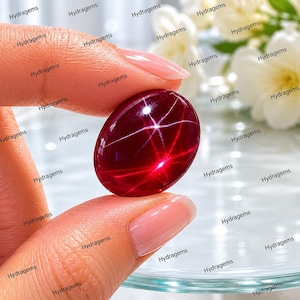 May include: A polished, oval-cut, deep red gemstone with a star effect, held between fingers. The gem's surface reflects light, creating a striking visual. The word "Hydragems" is repeated around the image. The gem is likely a ruby.