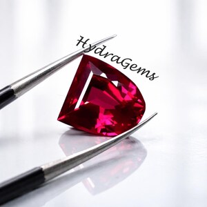 May include: A faceted, vibrant red gemstone held by tweezers. The gem has a unique, angular cut, reflecting light. The text "HydraGems" is written in cursive above the gem. The background is a soft, blurred white.