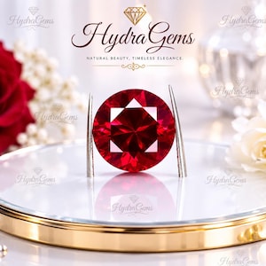 May include: A vibrant, round, red gemstone is held by silver tweezers on a clear, gold-edged display. The Hydra Gems logo and the words "NATURAL BEAUTY, TIMELESS ELEGANCE" are visible. A red rose and white flowers are in the background.
