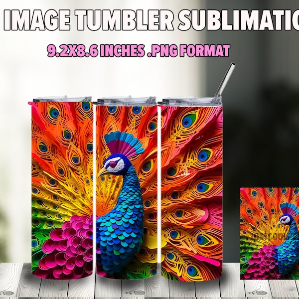 Embroidered Peacock 20 oz Skinny Tumbler Sublimation Design - Digital Download PNG - paper craft peafowl rainbow animal Tumbler