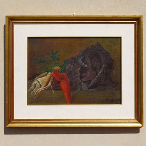 May include: A framed oil painting of a still life featuring a red cabbage, two carrots, and parsley on a brown background.