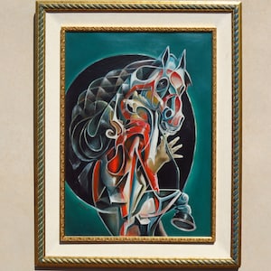 Female jockey and her horse, oil on canvas, Cubist art Gatica 1988