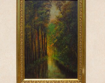 Oil painting on wood, still life freshness of water in a wooded landscape early 1900