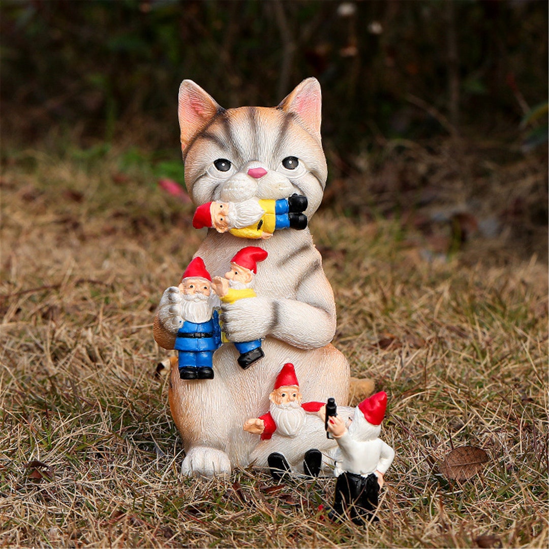 New Cat Eating Gnome Statue Animal Garden Resin Crafts Etsy