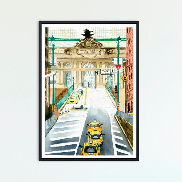 Grand Central Station art print for instant download, New York watercolor art, NYC cab painting, Grand Central wall decor, USA travel print