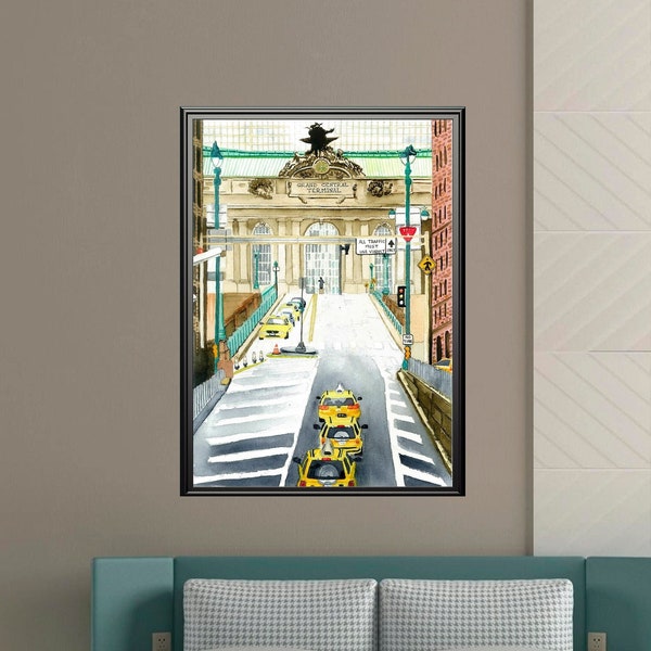 Grand Central Terminal watercolor, New York taxi poster, NYC print from original, NYC urban painting, New York cab wall art, NY wall decor