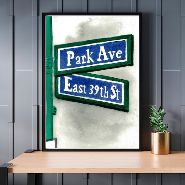 Affiche de signal de New York, art du signal de Park Avenue, impression de New York à partir d'une aquarelle originale, peinture urbaine de New York, cadeau de voyage de New York pour lui