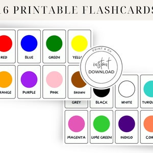 Op de afbeelding: Printbare flashcards met 16 verschillende kleuren, waaronder rood, blauw, groen, geel, oranje, paars, roze, bruin, grijs, zwart, wit, turquoise, magenta, limoengroen, indigo en koraal. Elke kleur wordt weergegeven door een cirkel met de naam van de kleur eronder.