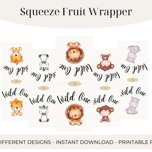 Op de afbeelding: Acht printbare ontwerpen voor knijpzakjes met verschillende jungledieren, waaronder een tijger, zebra, leeuw, aap en nijlpaard. Elk ontwerp bevat de tekst "Wild One".