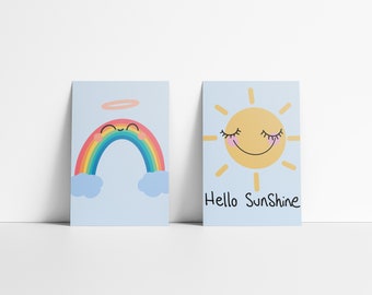 Set of 3 Hello Sunshine, Cloud and Rainbow Print, Digital Download, Kids Room Wall Art to Print at Home, Playroom Printable, Yellow Sun Art