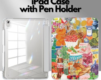 Cute Aesthetic Collage iPad Case with Pen Holder , Clear iPad Pro Cover, Case for iPad Pro 12 11, iPad 10 9, iPad Air 5 4, iPad Mini