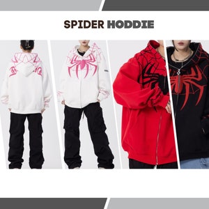 Y2K Spider Web Hoodie, Spider Eyes Full Zip Up Hoodie, Unisex Oversized Pullover, Hip Hop Hoodie, Y2K Streetwear