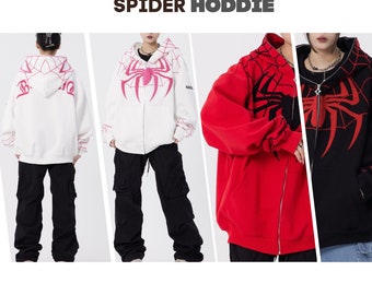 Y2K Spider Web Hoodie, Spider Eyes Full Zip Up Hoodie, Unisex Oversized Pullover, Hip Hop Hoodie, Y2K Streetwear