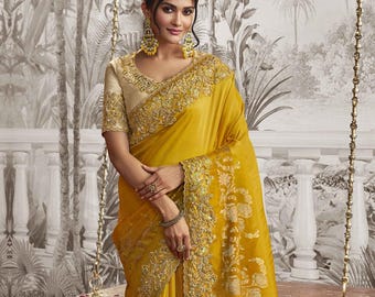 Yellow/Gold Pure Dola Silk Saree with Embroiderey border and. designer Brocade Blouse for women wedding, party, festive, engagement saree