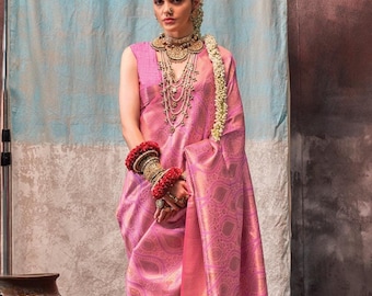 Pink Two Tone Kanjivaram Handloom Weaving Silk Saree for Women Festive cultural celebration wear Good looking