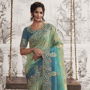 Sari de seda Dola pura azul sombreado con borde bordado y blusa de brocado de diseñador para mujer, ideal para bodas, fiestas, festividades y compromisos.