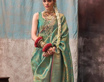 Mint Green Two Tone Kanjivaram Handloom Weaving Silk Saree for Women Festive cultural celebration wear Good looking