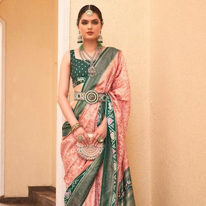 Plum Peace And Green Soft Patola Silk Classic Saree with Contrast designer blouse for women wedding, party, casual, festive wear Saree