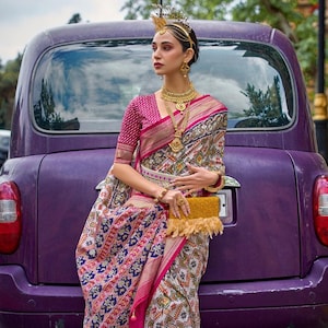 White & Pink Patola Silk Saree: Designer Bollywood Sari