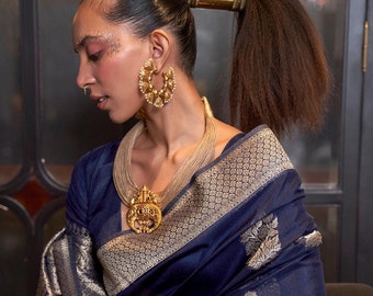 Navy Blue Khadi Georgette Banarasi Weaving Saree with matching blouse, zari woven border and flowers design all over saree and rich pallu