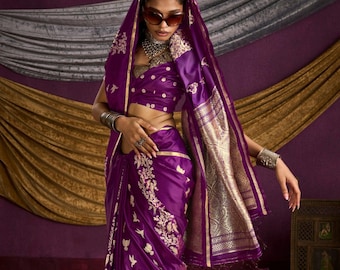 Violett-lila Satinseiden-Sari, Butti-Muster, festlicher Sari, Banarasi-Sari für Damen, indische Saris
