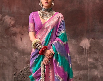 Shaded Purple/blue Handloom banarasi silk Saree With matching blouse, rich pallu & Border. Stylish light Weight, casual, festive,party sare