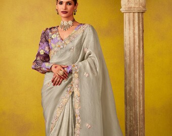 Sari de seda com lantejoulas bordadas: traje tradicional indiano
