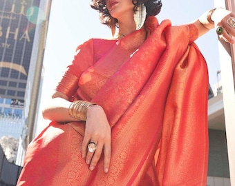Salmon Orange woven Banarasi Handloom silk Saree With matching blouse, rich pallu & Border. Stylish light Weight, casual, festive,party sare