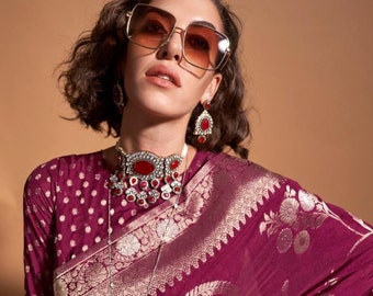 Pink Wine Khadi Georgette Banarasi Weaving Saree with matching blouse, zari woven border and flowers design all over saree and rich pallu