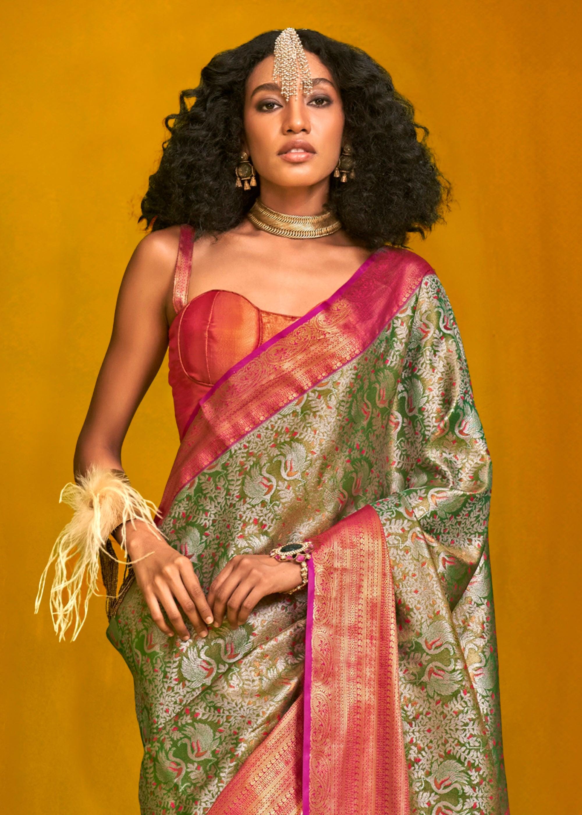 Olive Green Kanjivaram Silk Saree: Pink Zari Work, Unstitched