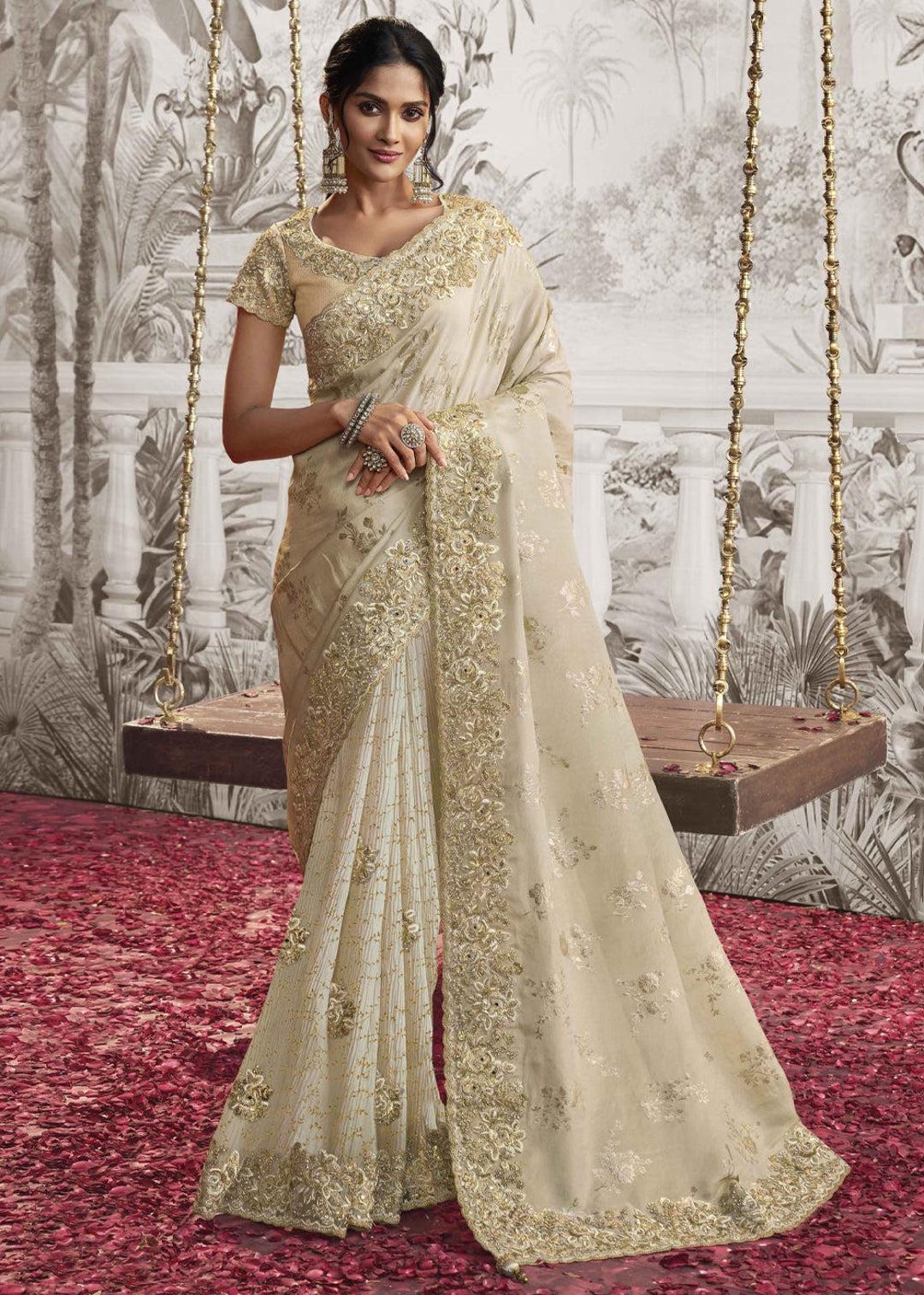 Women's Dola Silk Off White Printed Designer Saree With Blouse Piece